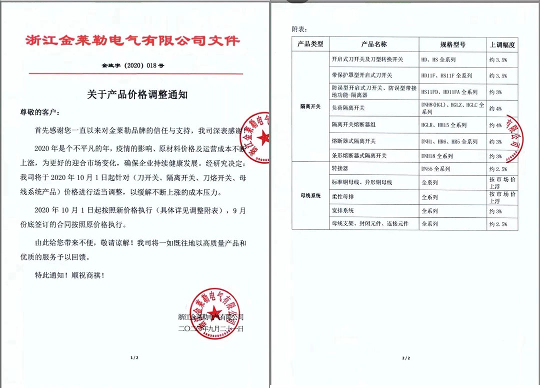 浙江金萊勒電氣有限公司的調(diào)價(jià)通知文件